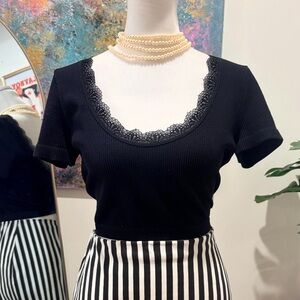 Stradivarius ASOS Stretchy Black Lace Trim Top size XL